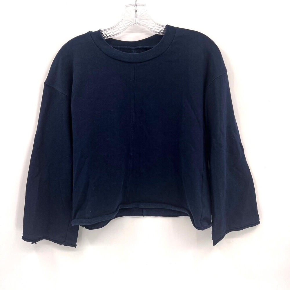 MADEWELL Women's Sz S Navy Blue Bell Sleeve Raw Rolled Hem Cropped Sweater Shirt